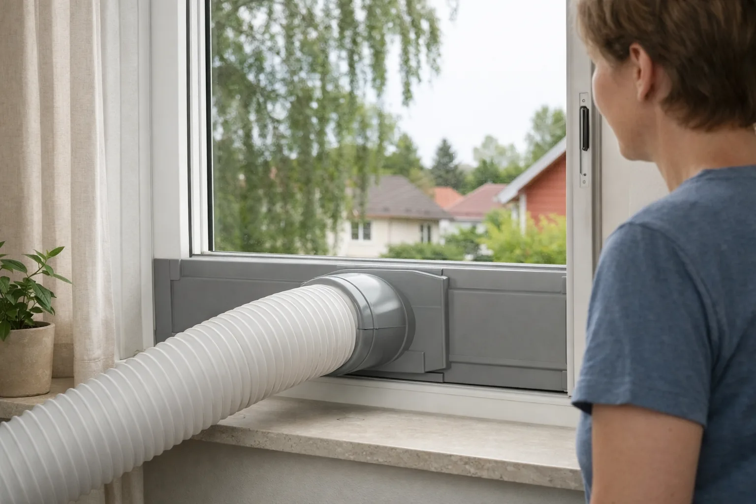 Frånluftsslang i ett fönsterkit.